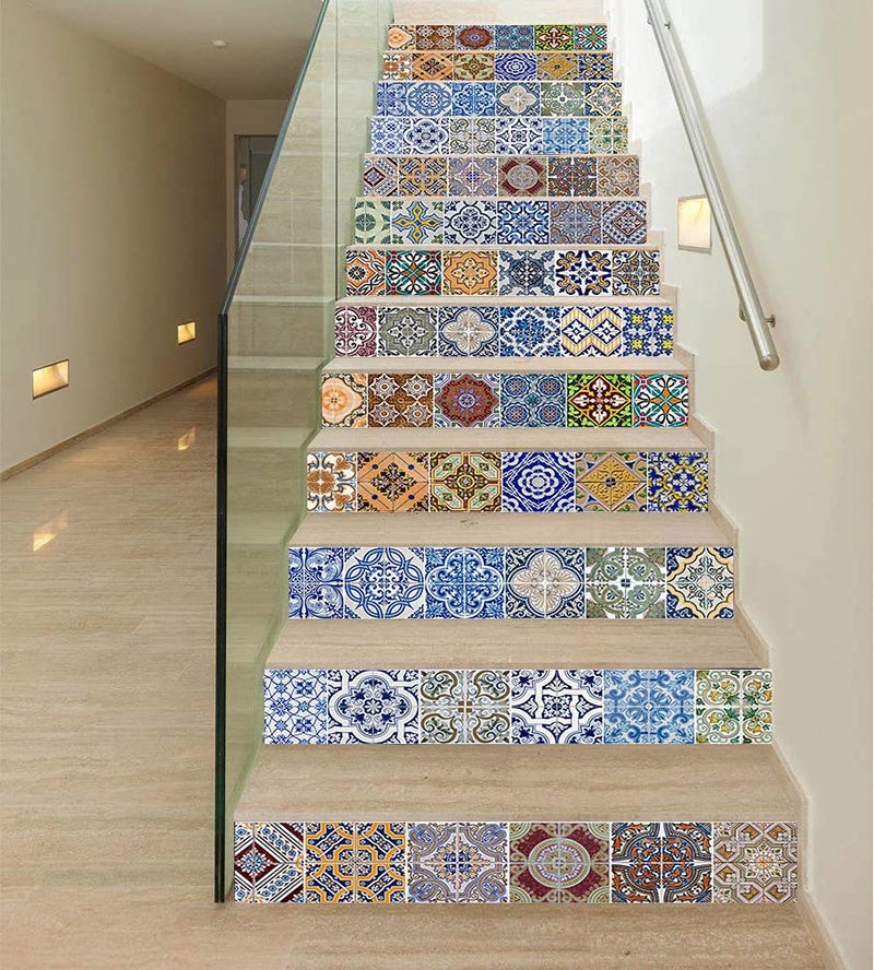 TUOKING 13 Strips Stair Stickers, PVC Home Decor Decals, Self-Adhesive Refurbished Staircase Murals, 39''L x 7''W, Tiles Pattern (Ceramic Tiles Pattern) - Image 1
